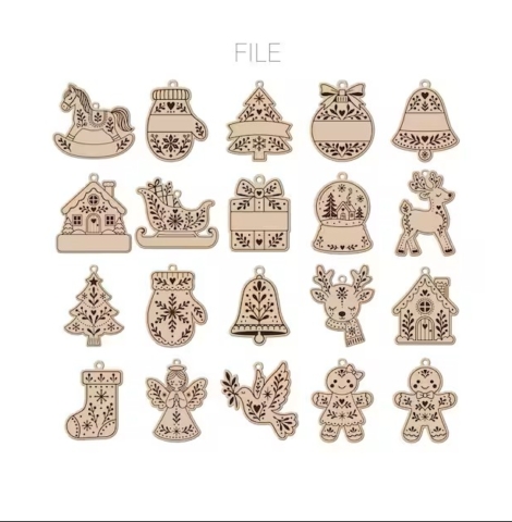Catálogo de figuritas de madera de 8x8 cm con diversos diseños navideños para colgar en el árbol