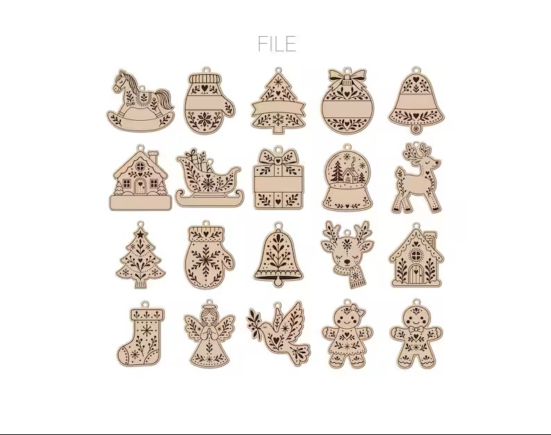 Catálogo de figuritas de madera de 8x8 cm con diversos diseños navideños para colgar en el árbol