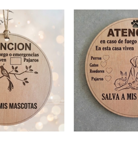 Cartel redondo de madera grabado a láser de advertencia de emergencia para salvar a las mascotas del hogar