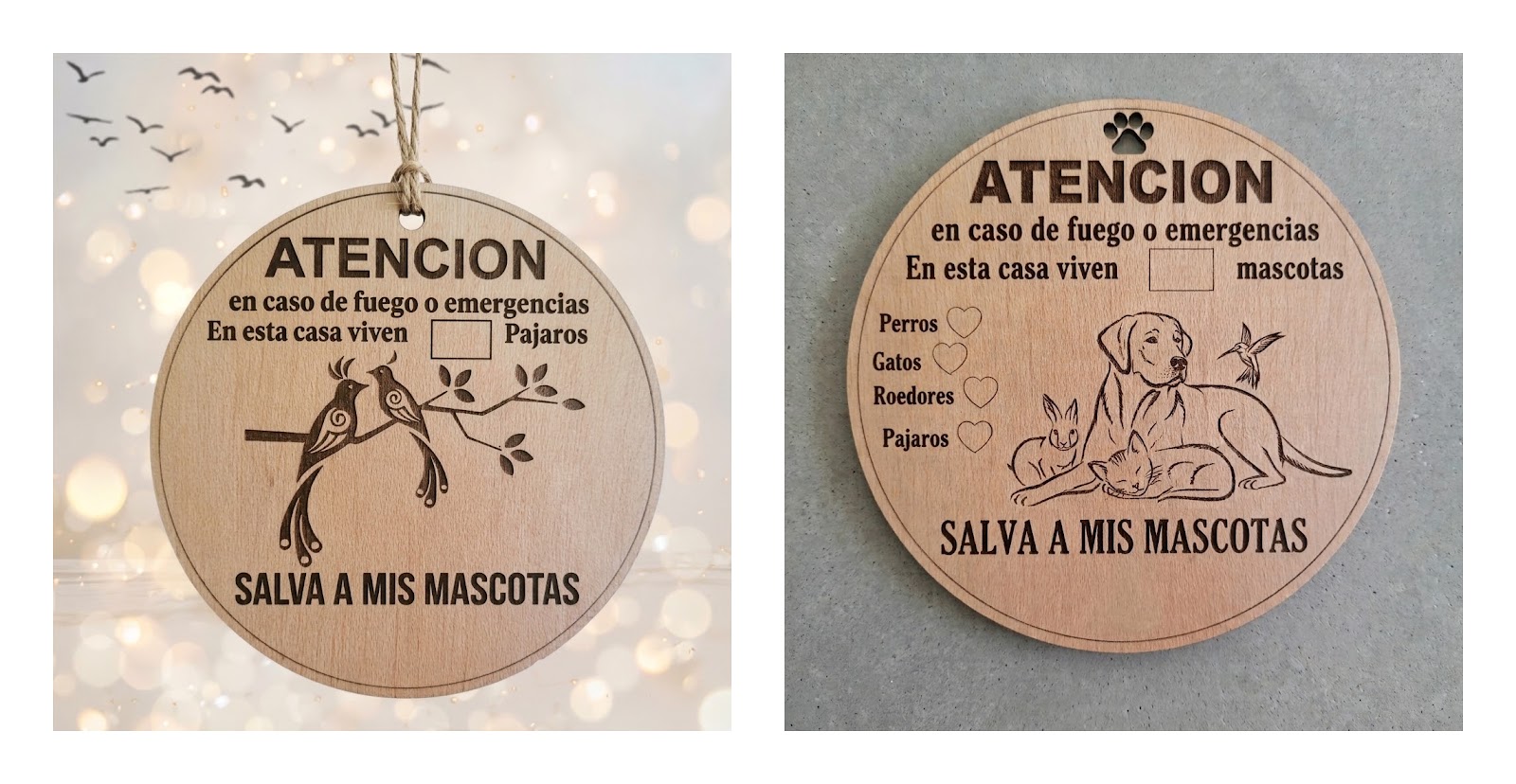 Cartel redondo de madera grabado a láser de advertencia de emergencia para salvar a las mascotas del hogar