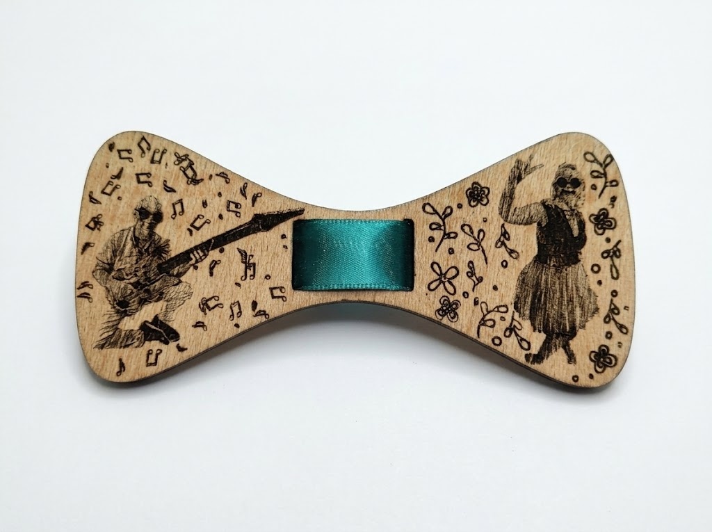 Pajarita de madera personalizada grabada a láser con figuras de guitarrista, bailarina, notas musicales y flores