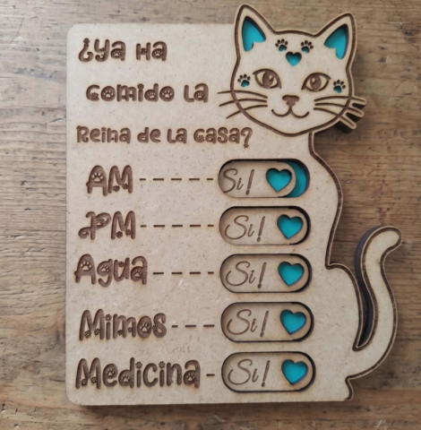 Tabla de control de madera personalizada con diseño de gato y pestañas deslizantes para alimentación y cuidados de mascotas